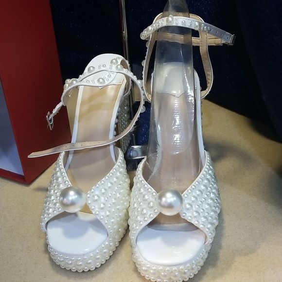 Goolita Extravagant Open Toe Pearl Chunky Heels Sz. 37/US 6M New Ankle Straps - Picture 11 of 17